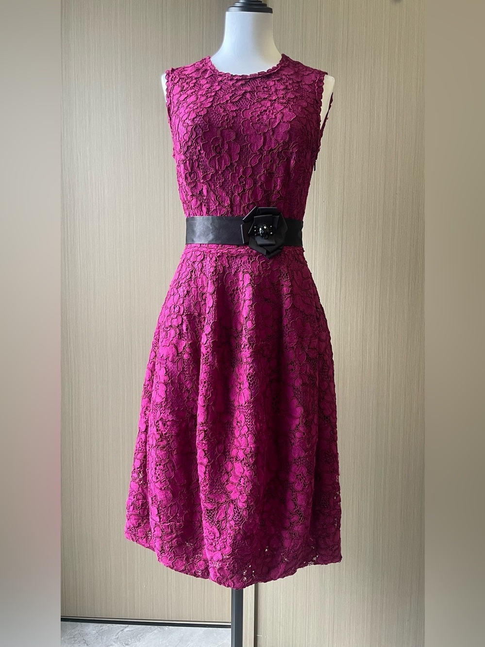 Carolina Herrera A-line Fuchsia Lace Fit-and-Flare Dress with Black Belt